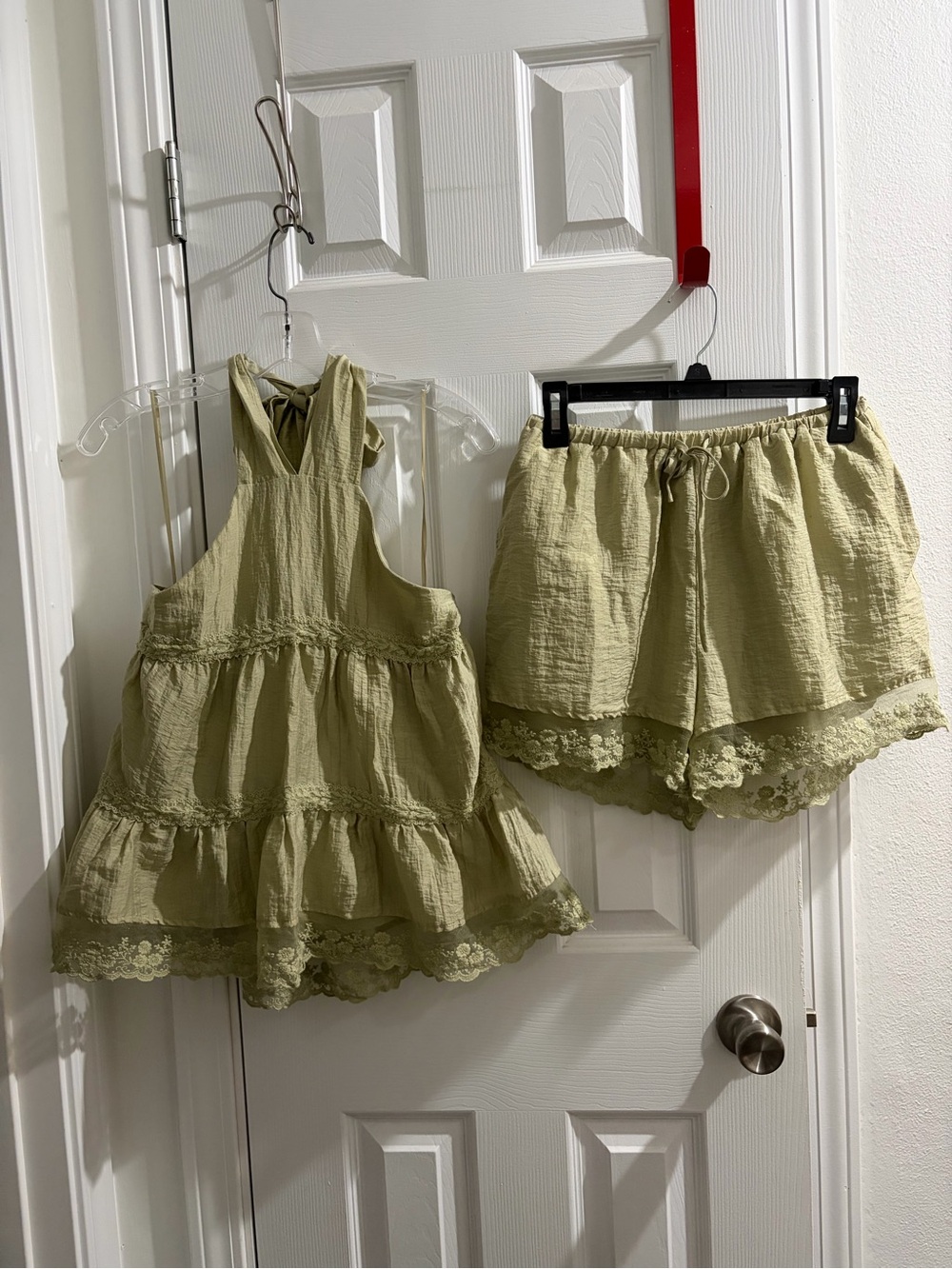 Le Lis Light Olive Halter Tunic & Lace Hem Shorts Set